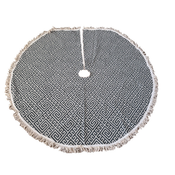 Handmade Greek Key Christmas Tree Skirt, ap 60” Round Decorator Canvas Fringe - Picture 1 of 9